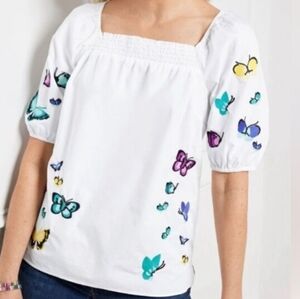 NWOT Talbots Cotton Blouse Butterfly Embroidery Square Neck Short Sleeve S White